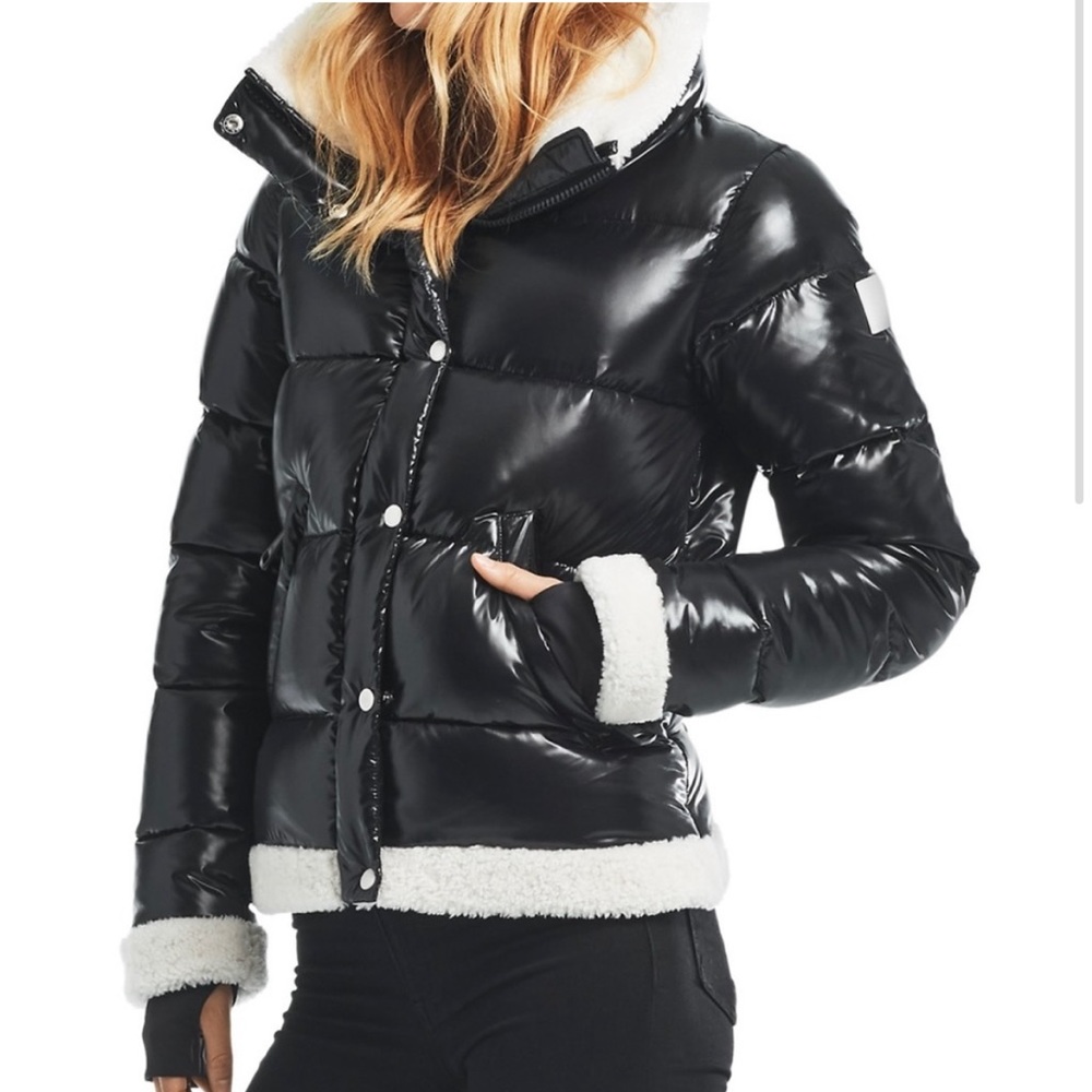 SAM. Gigi Shearling Trim Down Jacket Caviar liquid shiny black